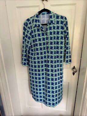 McLaughlin XL Blue & Green Geometric Button-Front Shirt Dress. Washable!! Cool.